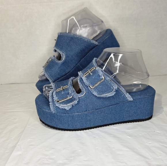 Summer Buckle Strap Denim Slip on Wedge Sandals, Women's Size 38/7.5US - Picture 4 of 9